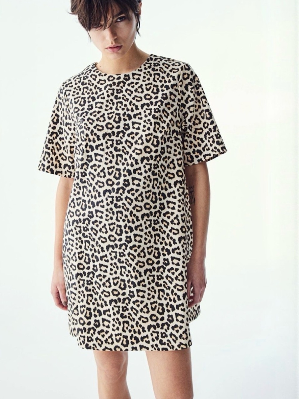 H&M Leopard Print Mini Shift Dress in Beige and Black